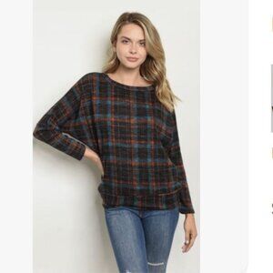 NWT Women’s Large Plaid Dolman Long Sleeve Winter Blouse Tunic BOUTIQUE TOP